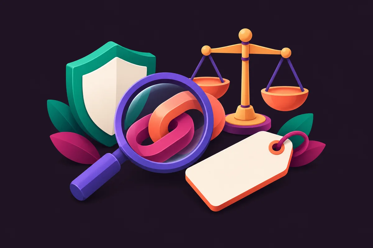 Une loupe sur un lien, un bouclier et une balance de justice